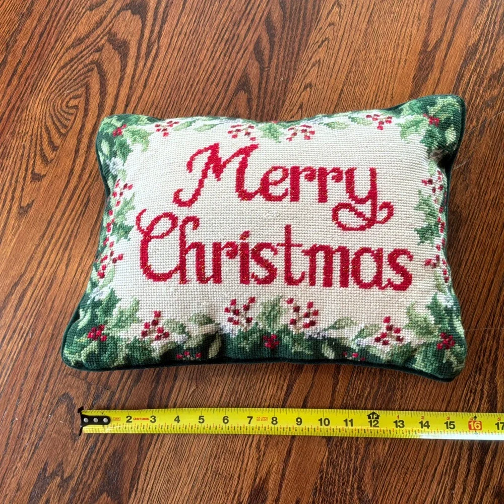 Merry Christmas Needlepoint Pillow Holly Berry Gold Metallic Velvet Back 15x11